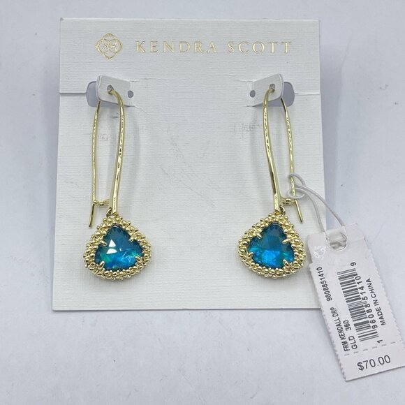 Kendra Scott Gold Blue Teal Framed Teardrop Earrings - Picture 1 of 5